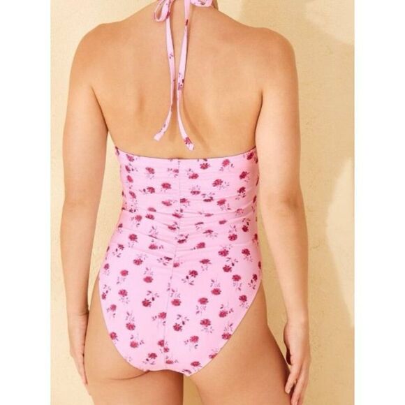 Shade & Shore Women's Halter Shirred Plunge Neck Medium Coverage One Piece Swims - Picture 10 of 11